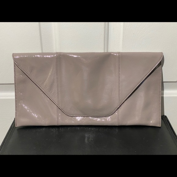 taupe patent leather clutch